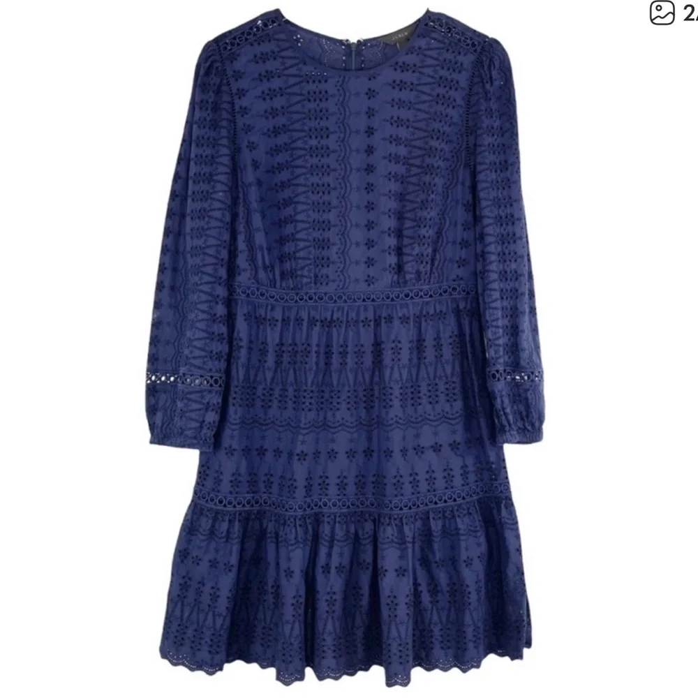 J.Crew navy blue eyelet long-sleeve flutter hem dress 100% cotton
